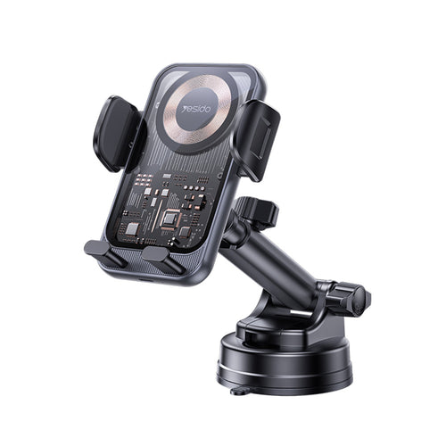 Suport auto Yesido cu Incarcare Wireless (C307), pentru Dasboard, Electric Lock, Transparent Design, Inteligent Chip, 15W, negru
