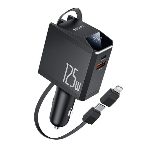 Incarcator auto Yesido 4in1 Incarcator auto (Y71), cu Type-C Retractabil Cable + Lightning Adapter, Dual Port USB-A + Type-C, 125W, Afisaj LED, negru