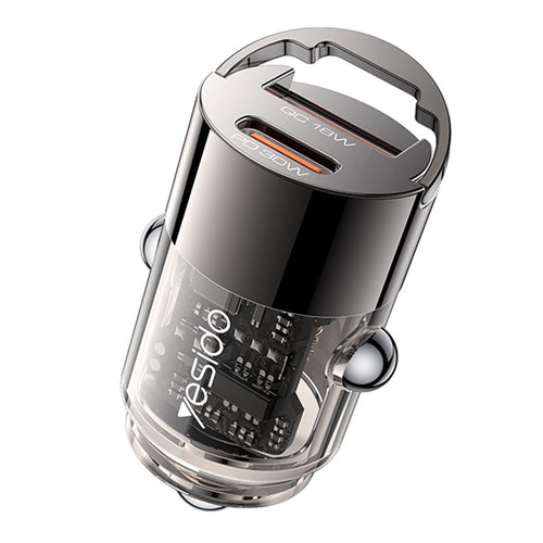 Incarcator auto Yesido Hidden Incarcator auto (Y68), Dual port USB-A + Type-C, PD30W, Aliaj aluminiu, Incarcare rapida, negru