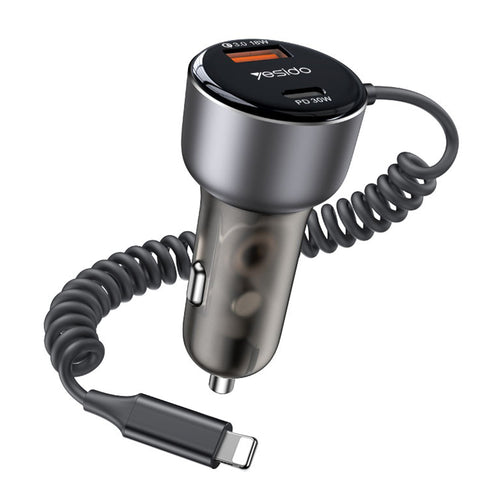 Incarcator auto Yesido Incarcator auto (Y57), cu Lightning Spring Cable, Type-C/USB-A Ports, 50W, Incarcare rapida, negru