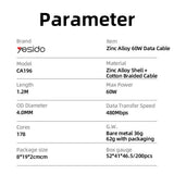 Cablu Yesido de date (CA196), Type-C to Type-C, Incarcare rapida, 480Mbps, PD60W, CarPlay Compatible, Zinc Alloy, 1.2m, negru