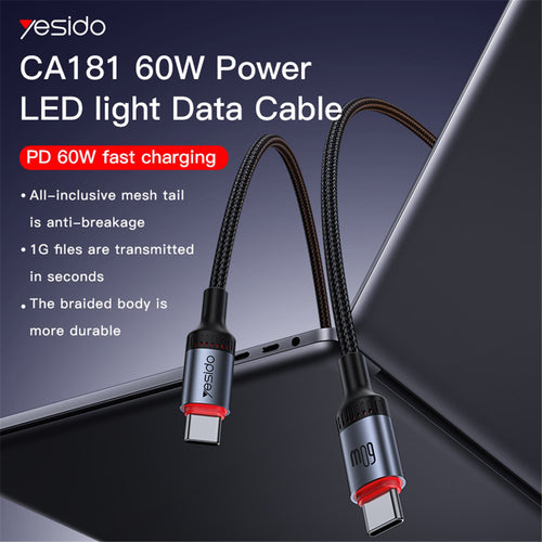 Cablu Yesido de date (CA181), Type-C to Type-C, Incarcare rapida, 60W, 3A, 480Mbps, Aliaj aluminiu, 1.2m, negru