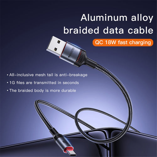 Cablu Yesido de date (CA130C), USB to Type-C, Incarcare rapida, 18W, 3A, 480Mbps, CarPlay Compatible, Aliaj aluminiu, 2m, negru