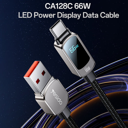 Cablu Yesido de date (CA128C), cu LED Power Display, USB to Type-C, Incarcare rapida, 66W, 5A, 480Mbps, 1.2m, negru