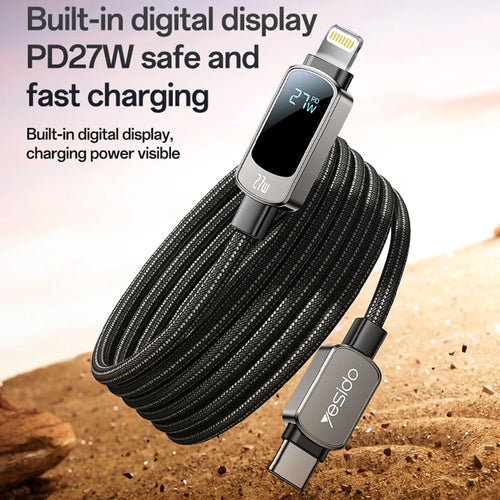 Cablu Yesido de date (CA180), Super Incarcare rapida, cu Afisaj digital, Type-C to Lightning, 27W, 3A, 480Mbps, 1.2m, negru