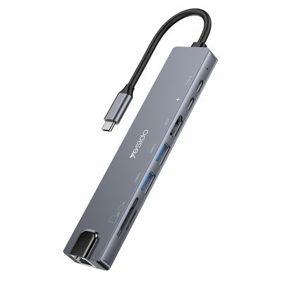 Hub USB Yesido Docking station 8in1 (HB27), Type-C to 2x USB, 2x USB-C, HDMI, RJ45, TF/SD, PD100W, Incarcare rapida, 4K@30Hz, gri