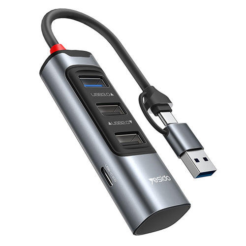 Hub USB Yesido 4in1 (HB19), USB, Type-C to 3x USB, USB-C, Incarcare rapida, Plug & Play, 5Gbps, gri