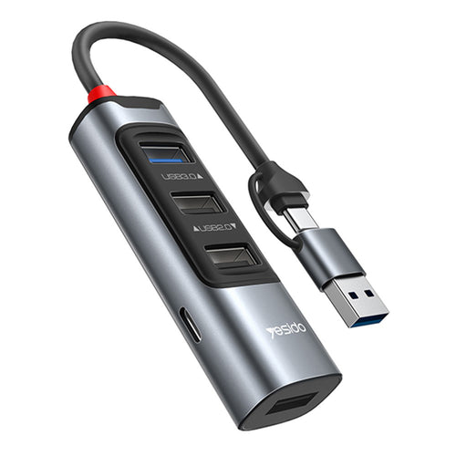 Hub USB Yesido 5in1 (HB20), USB, Type-C to 4x USB, USB-C, PD100W, Incarcare rapida, Plug & Play, 5Gbps, gri