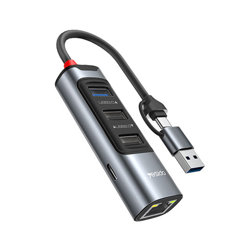 Hub USB Yesido (HB21), USB, Type-C to 3x USB, USB-C, RJ45 1000M, PD100W, Incarcare rapida, Plug & Play, 5Gbps, gri
