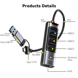 Hub USB Yesido (HB21), USB, Type-C to 3x USB, USB-C, RJ45 1000M, PD100W, Incarcare rapida, Plug & Play, 5Gbps, gri
