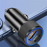 Incarcator auto Techsuit Premium VoltDuo (C2), cu LED Light, USB QC 3.0, Type-C PD30W, ABS, Metal, negru