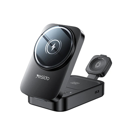 Statie de incarcare Yesido Statie de incarcare wireless 3in1 (DS27), pentru iPhone, Apple Watch, AirPods, Magnetic, Pliabil, Holder, 15W, negru