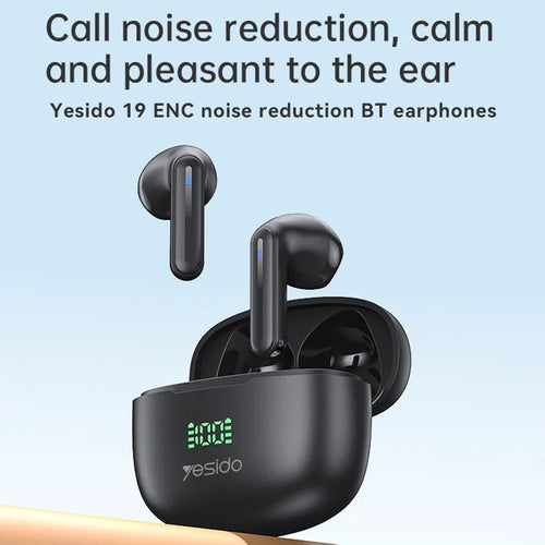 Casti wireless Yesido (TWS19), cu ENC, Control tactil, Bluetooth V5.3, Afisaj LED, Semi-Design in-ear, 470mAh, negru