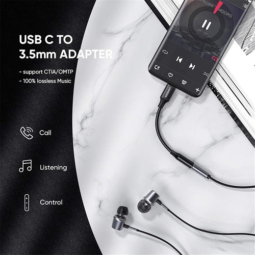 Adaptor UGREEN, Audio Cable Av142 70858 Type-C to Jack 3 5mm 10cm Koff A3d2de, Negru