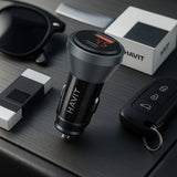 Incarcator auto Havit (CC2017), Type-C, USB, 45W, 3A, Visible Internal Structural Design, negru;albastru