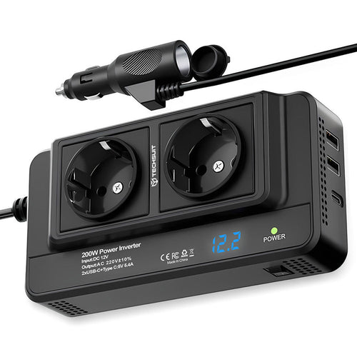 Techsuit Car Power Inverter PowerDriveX (IA2), Type-C, 2x USB-A, 2x AC Power Sockets, 220V, 200W, Negru