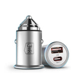 Incarcator auto 3mk Hyper, USB-A, Type-C, 30W, Durabil Aluminium, argintiu