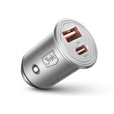 Incarcator auto 3mk Hyper, USB-A, Type-C, 30W, Durabil Aluminium, argintiu