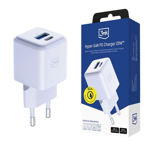 Incarcator retea 3mk Hyper, USB-A, USB-C, GaN Technology, QC4 + PD, 20W, alb
