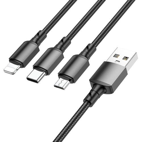 Cablu Borofone de date (BX72 3-in-1), USB-A to Micro-USB, Type-C, Lightning, Universal, 2A, 1m, negru
