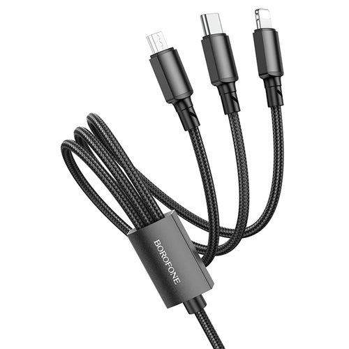 Cablu Borofone de date (BX72 3-in-1), USB-A to Micro-USB, Type-C, Lightning, Universal, 2A, 1m, negru