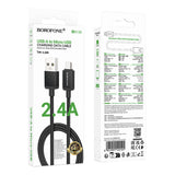 Cablu Borofone de date Placer Series (BX120), USB to USB-Micro, Aliaj aluminiu Shell, Nylon Braided Cable, 2.4A, 1m, negru