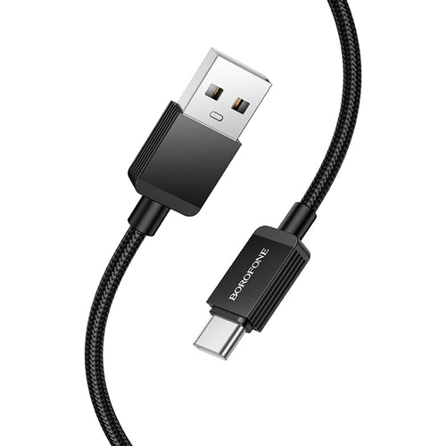 Cablu Borofone de date Placer Series (BX120), USB to Type-C, Aliaj aluminiu Shell, Nylon Braided Cable, 3A, 1m, negru