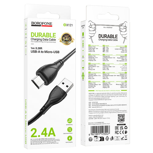 Cablu Borofone de date Energy Series (BX121), USB to USB-Micro, PVC, 2.4A, 1m, negru