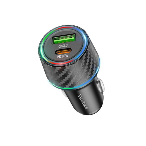 Incarcator auto Borofone Brilliant (BZ21), USB, Type-C, Incarcare rapida, Dual Port, PD30W, QC3.0, 48W, Integrat LED, negru