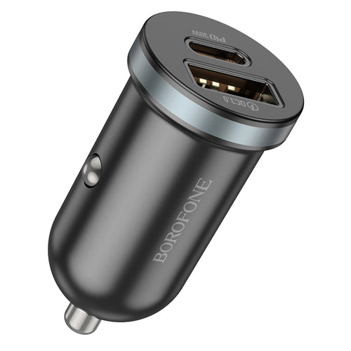 Incarcator auto Borofone Scenery (BZ22), USB, Type-C, Incarcare rapida, Dual Port, PD30W, QC3.0, PC, Aluminum, negru