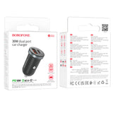 Incarcator auto Borofone Scenery (BZ22), USB, Type-C, Incarcare rapida, Dual Port, PD30W, QC3.0, PC, Aluminum, negru