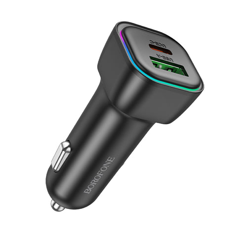 Incarcator auto Borofone Trophie (BZ28A), 1x USB, 1x Type-C, Incarcare rapida, Dual Port, 30W, LED, pentru 12-24V, negru