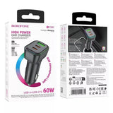 Incarcator auto Borofone Trophie (BZ28C), 1x USB, 2x Type-C, High Power, PD, PPS, QC3.0, FCP, AFC, 60W, RGB, 12-24V, negru