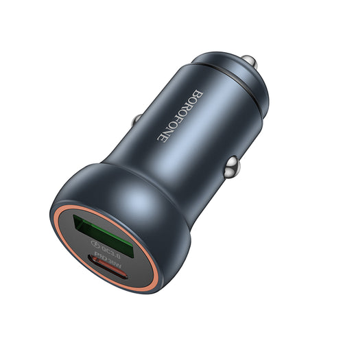 Incarcator auto Borofone Mini Fresh (BZ32A), Type-C, USB, Incarcare rapida, Dual Port, 30W (PD/QC), Aliaj aluminiu, gri