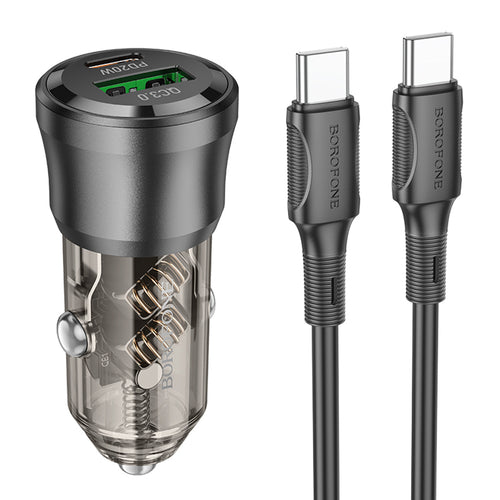 Incarcator auto Borofone Journey (BZ25), Type-C Cable Included, Dual Port, USB-C + USB, 38W, pentru DC 12-24V, negru/transparenta