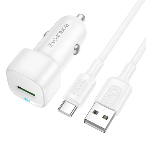 Incarcator auto Borofone Cloud (BZ34), USB-A/C Cable Included, Un port USB-A, 18W (QC/FCP/AFC), ABS, pentru DC 12-24V, alb