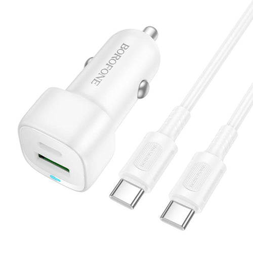 Incarcator auto Borofone Cloud (BZ34B), Type-C Cable Included, Type-C + USB-A, PD20W, QC3.0, Dual Port, 38W, ABS, alb