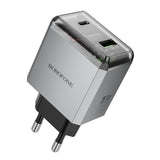 Incarcator retea Borofone Lena (BN20), Dual Port, USB-C + USB-A, PD35W, QC3.0, Flame-Retardant PC, 5V/3A, gri