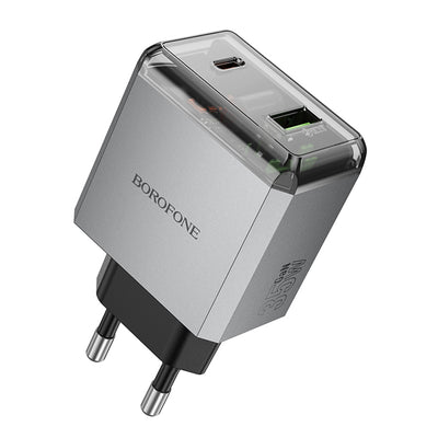 Incarcator retea Borofone Lena (BN20), Dual Port, USB-C + USB-A, PD35W, QC3.0, Flame-Retardant PC, 5V/3A, gri