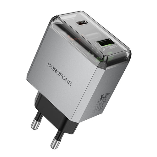 Incarcator retea Borofone Lena (BN20), Dual Port, USB-C + USB-A, PD35W, QC3.0, Flame-Retardant PC, 5V/3A, gri