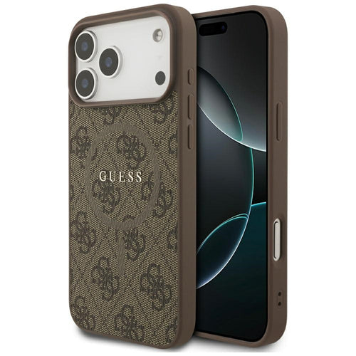 Husa pentru iPhone 17 Pro, Guess 4G Ring Classic Logo MagSafe (GUHMP17LG4GFRW), maro