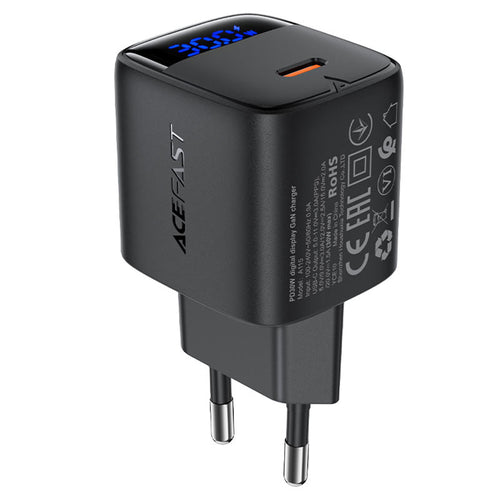 Incarcator retea Acefast (A115), cu Afisaj digital, Incarcare rapida, GaN, Type-C, PD30W, negru