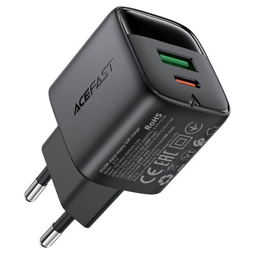 Incarcator retea Acefast (A114), cu Afisaj digital, Incarcare rapida, GaN, USB, Type-C, PD25W, 5V/3A, negru