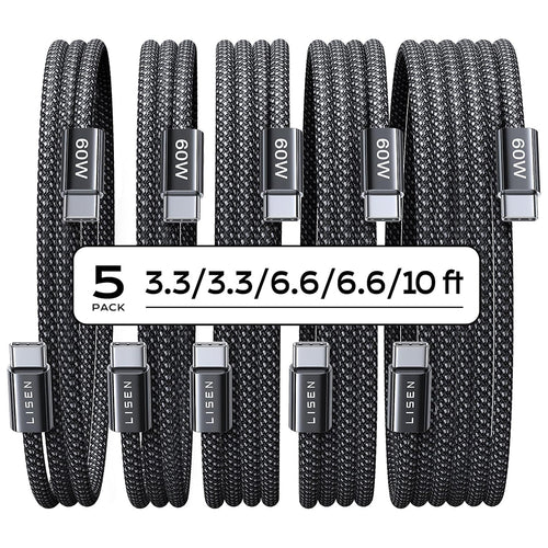 Cablu Lisen (5 pack) Cablu de date (YL0123070010), Type-C, 60W, 480Mbps, Incarcare rapida, Braided, 1m/1m/2m/2m/3m, negru