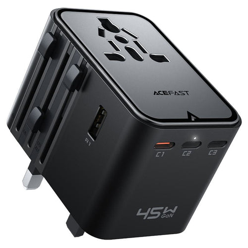 Adaptor pentru Calatorie Acefast (Z8), 3x USB-C, 2x USB, EU, UK, AUS, US, 45W, GaN Technology, Incarcare Rapida, Negru