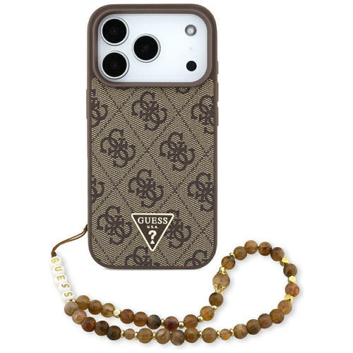 Husa pentru iPhone 17 Pro, Guess Hardcase 4G Logo triunghi MagSafe cu Pearl Strap (GUHMP17LP4TSDPPSW), maro