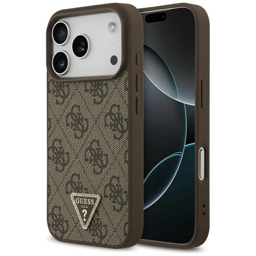 Husa pentru iPhone 17 Pro, Guess Leather 4G Triangle Strass MagSafe (GUHMP17LP4TDPLW), maro