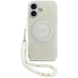 Husa pentru iPhone 17, Guess IML Flowers cu Pearl Strap MagSafe (GUHMP17SHCPOFPH), alb