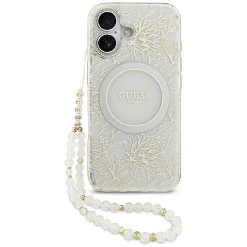 Husa pentru iPhone 17, Guess IML Flowers cu Pearl Strap MagSafe (GUHMP17SHCPOFPH), alb