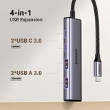 Hub USB UGREEN CM473 (15395), Type-C to 2x Type-C, 2x USB, 5Gbps, Plug&Play, gri